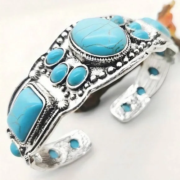 1 Pc Vintage Style Bohemian Natural Turquoise Open Bracelet - Picture 5 of 5